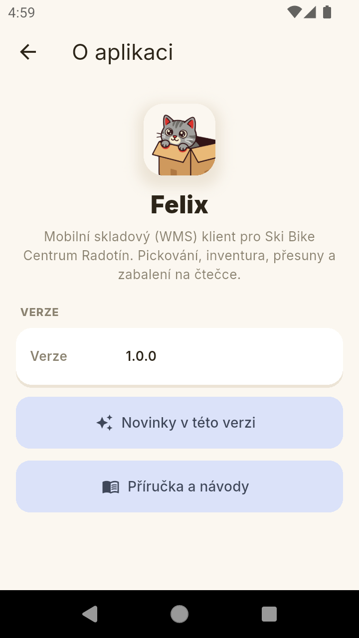 Obrazovka O aplikaci s tlačítkem Příručka a návody