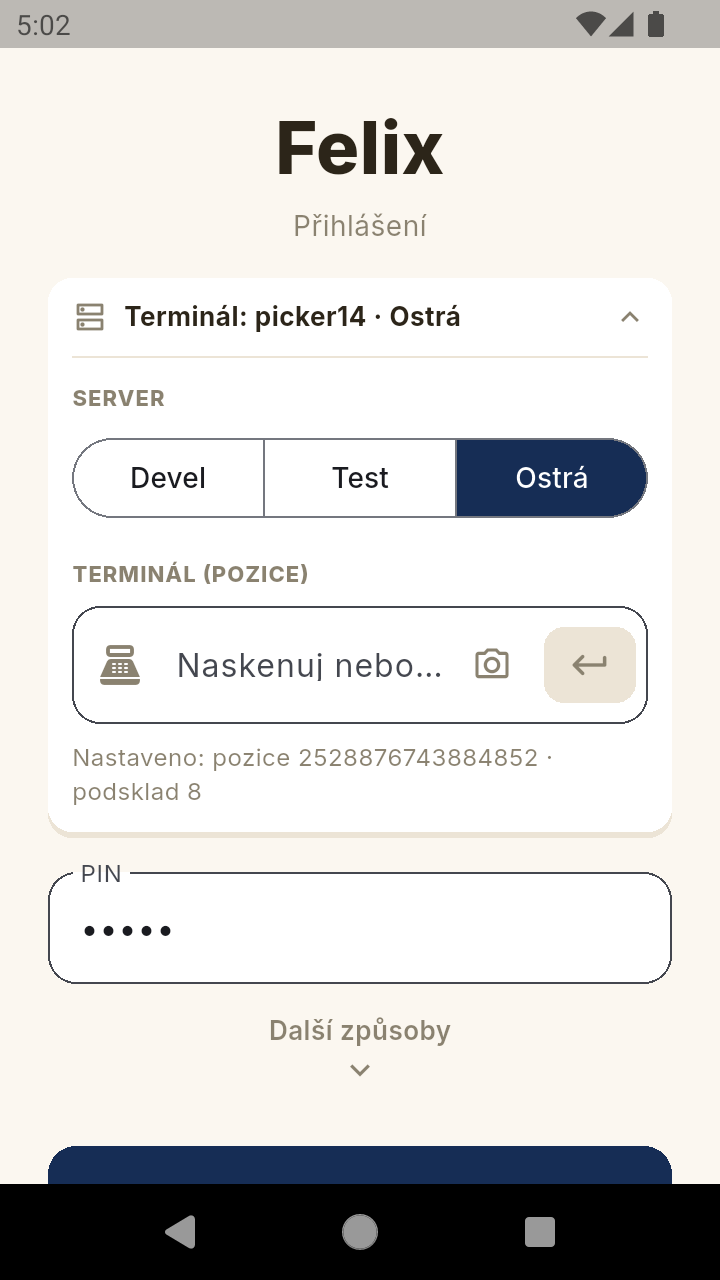 Rozbalený panel terminálu – výběr serveru a sken pozice terminálu