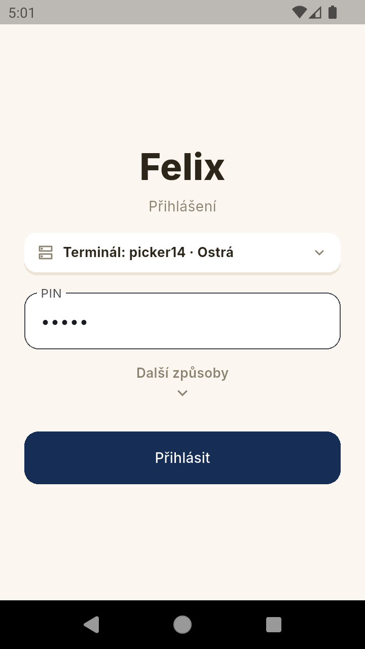 Přihlašovací obrazovka – terminál, PIN, Přihlásit